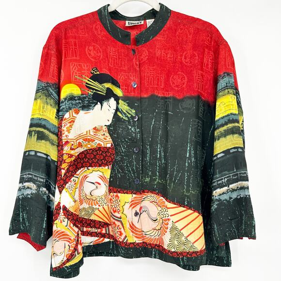 Chicos‎ Womens Vintage 90s Japan Geisha Mandarin Collar 100% Silk Blouse Size L - Picture 1 of 6